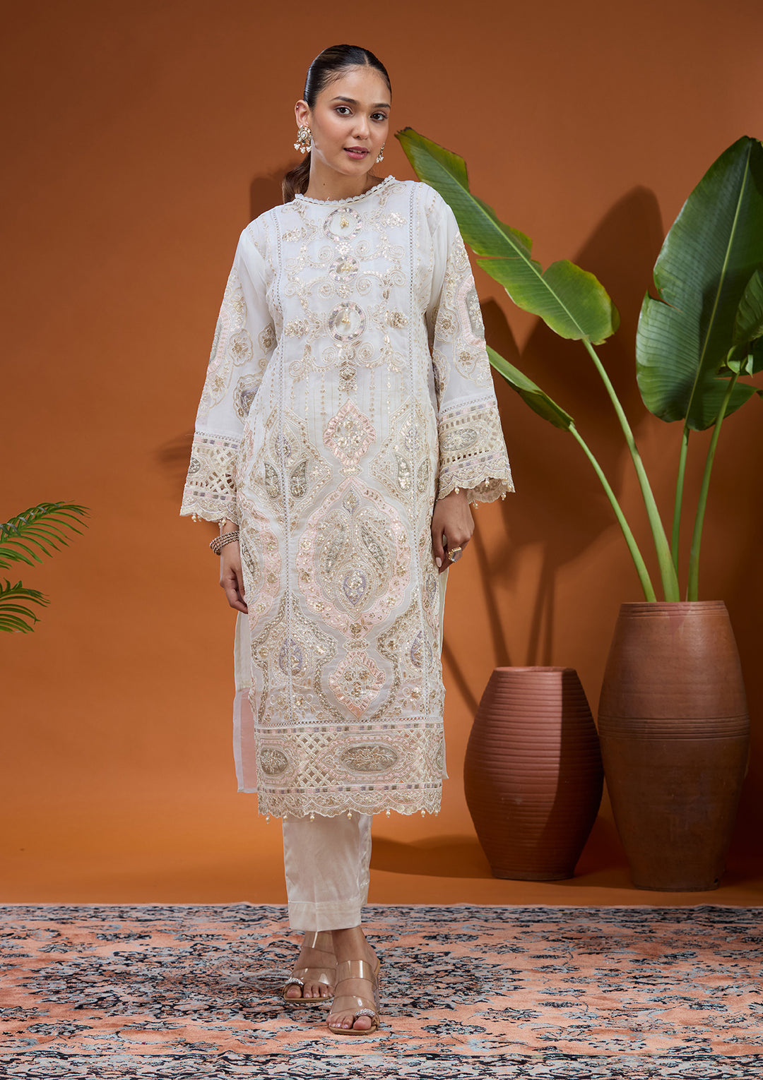 Off White Threadwork Tissue Readymade Salwar Suit