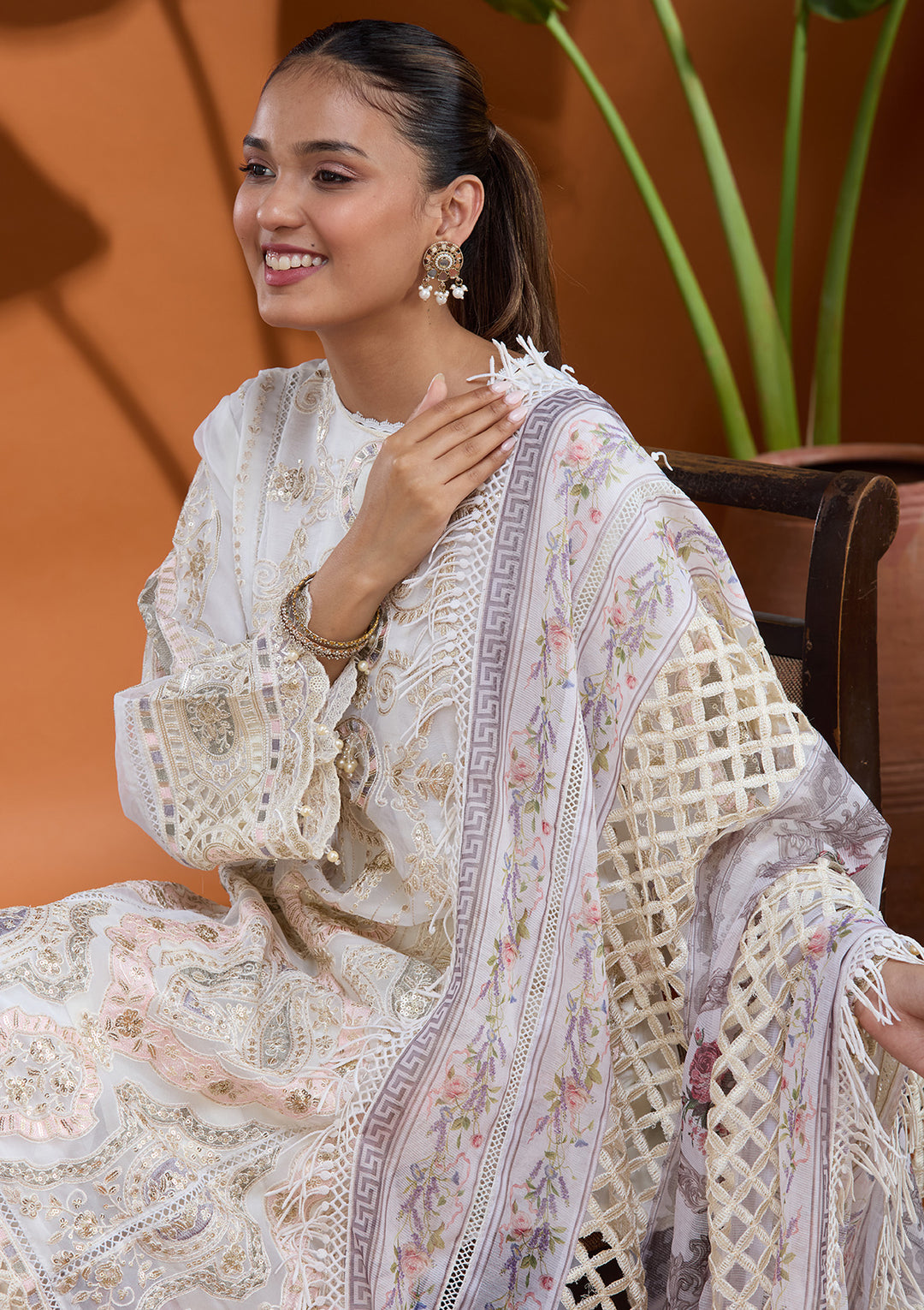 Off White Threadwork Tissue Readymade Salwar Suit