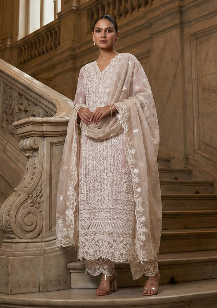 Beige Chanderi Threadwork Straight Kurta With Regular Pant And Dupatta