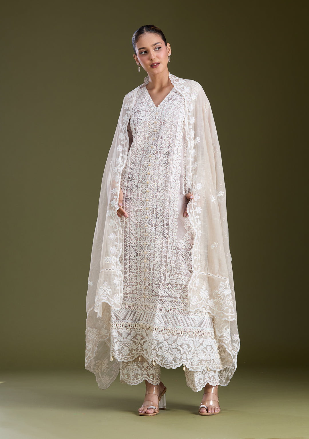 Beige Threadwork Chanderi Readymade Salwar Suit