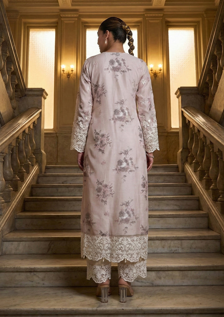 Beige Chanderi Threadwork Straight Kurta With Regular Pant And Dupatta