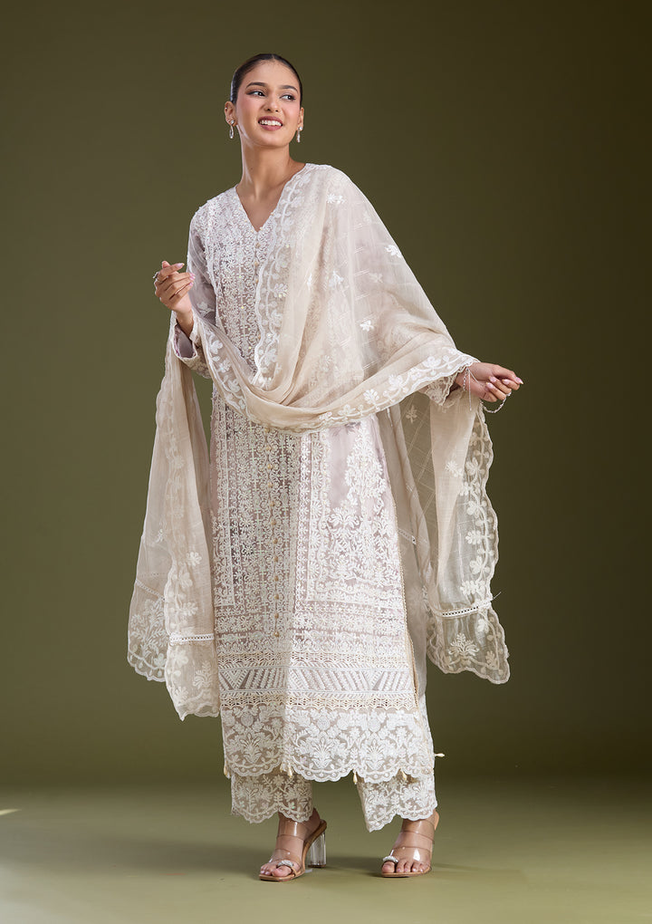 Beige Threadwork Chanderi Readymade Salwar Suit