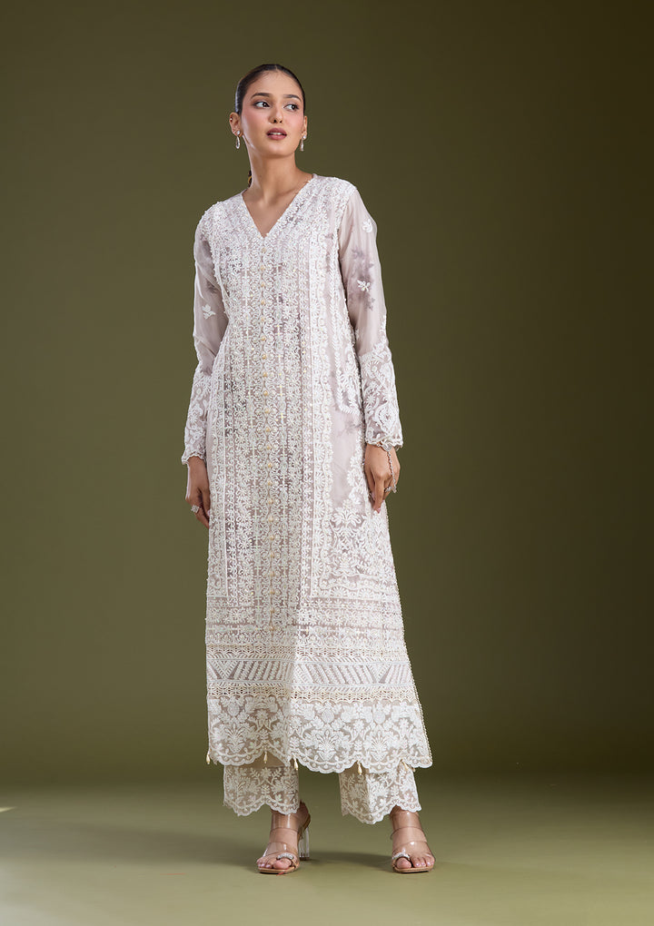 Beige Threadwork Chanderi Readymade Salwar Suit