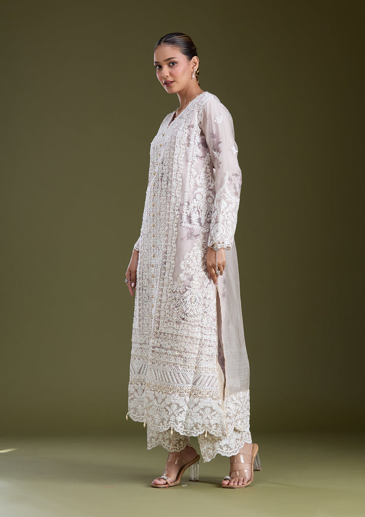 Beige Threadwork Chanderi Readymade Salwar Suit