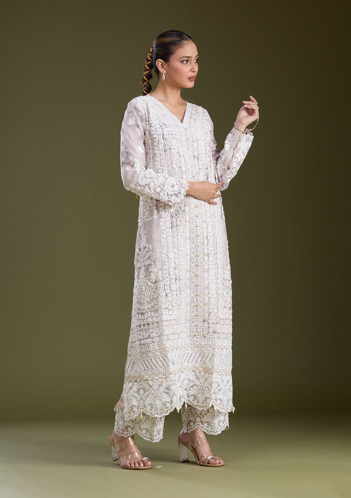 Beige Threadwork Chanderi Readymade Salwar Suit