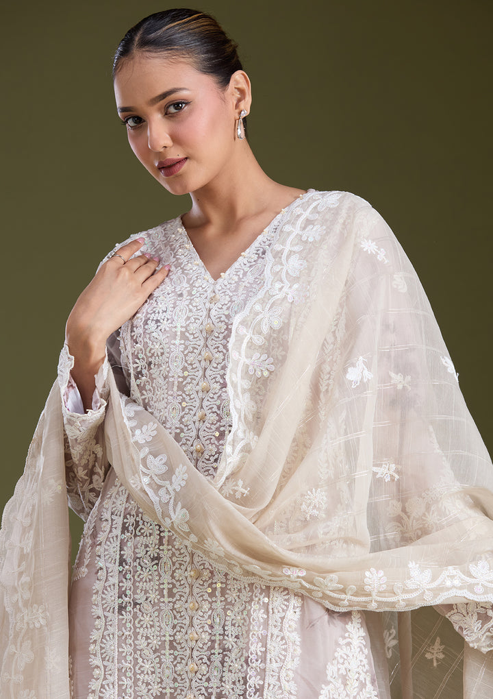 Beige Threadwork Chanderi Readymade Salwar Suit