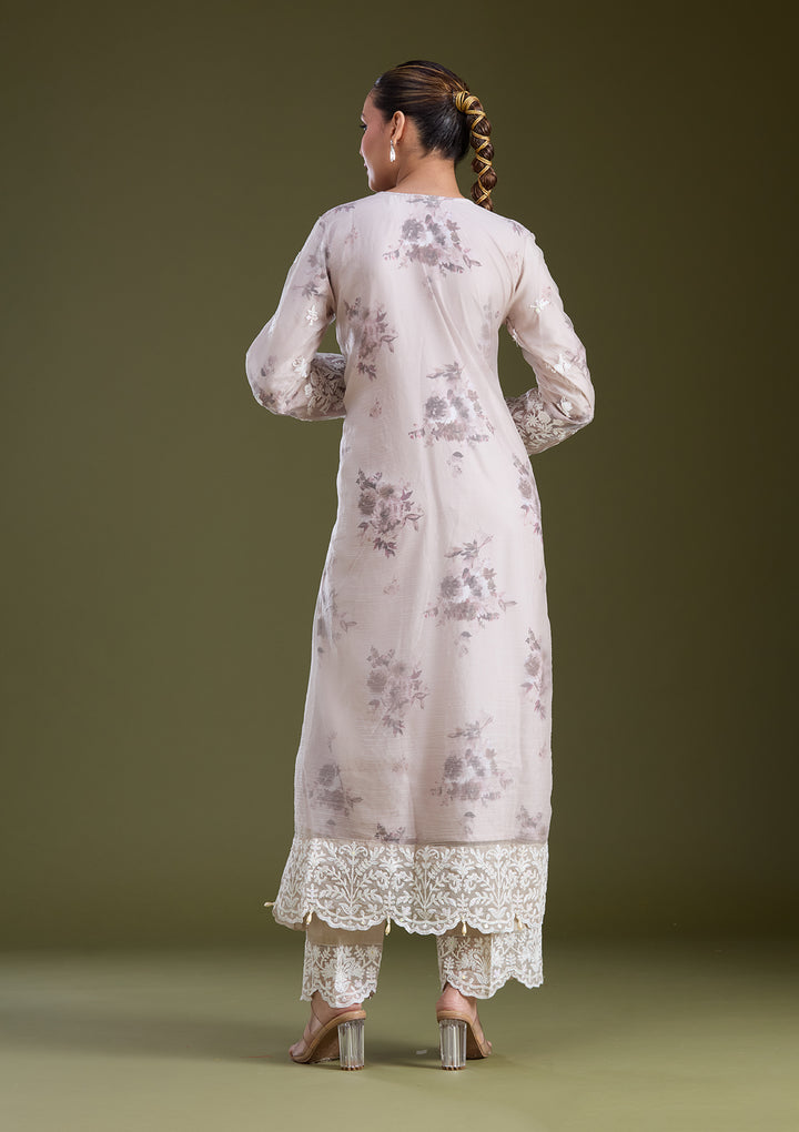 Beige Threadwork Chanderi Readymade Salwar Suit