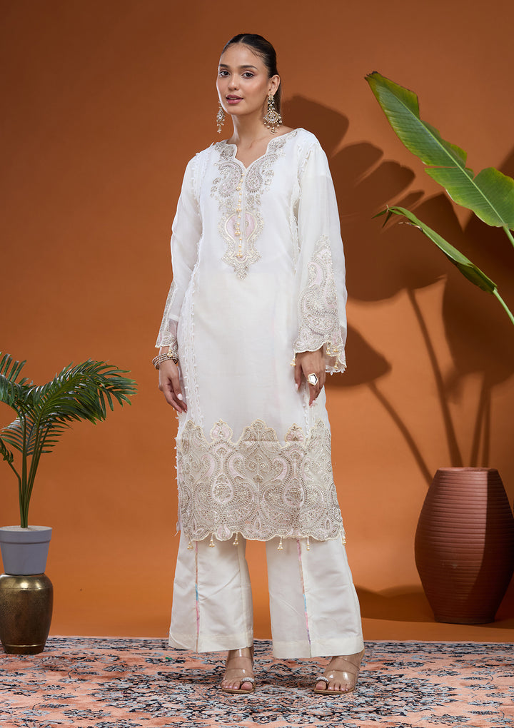 Cream Cutdana Tissue Readymade Salwar Suit