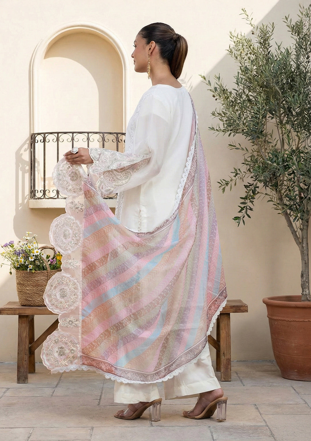 Cream Tissue Cutdana Straight Kurta With Regular Pant And Dupatta