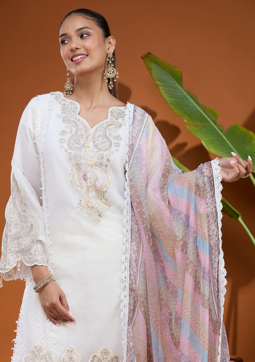 Cream Cutdana Tissue Readymade Salwar Suit