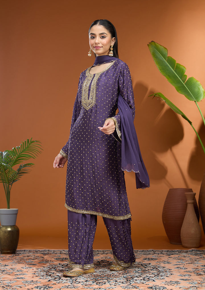 Purple Cutdana Soft Raw Silk Readymade Salwar Suit