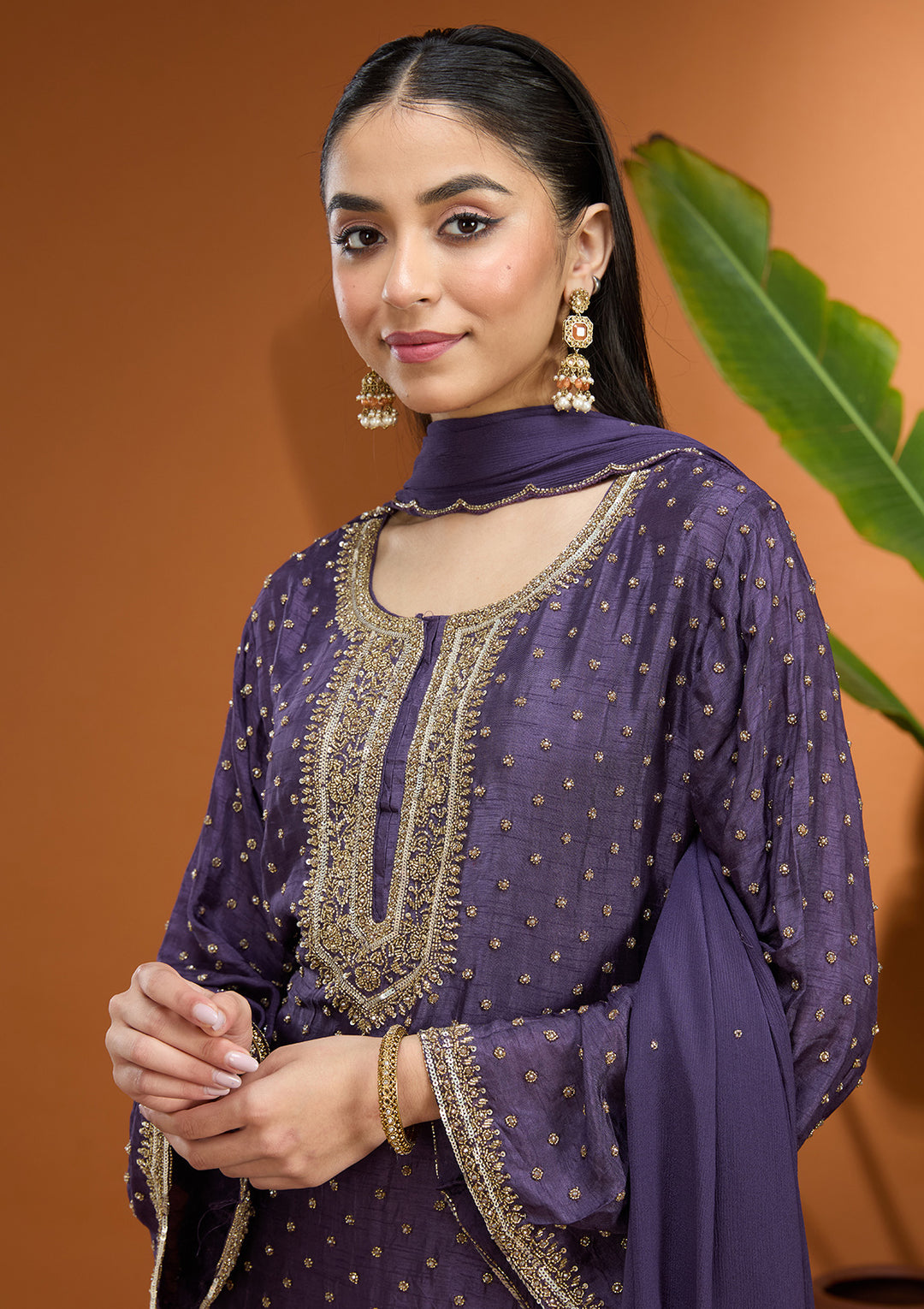 Purple Cutdana Soft Raw Silk Readymade Salwar Suit