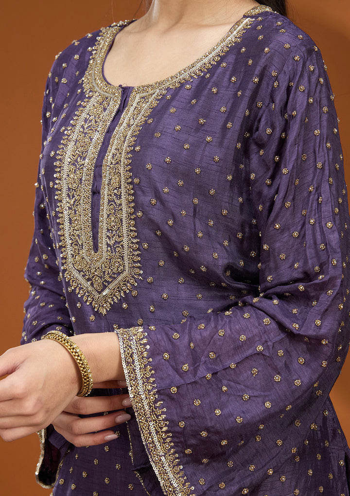 Purple Cutdana Soft Raw Silk Readymade Salwar Suit
