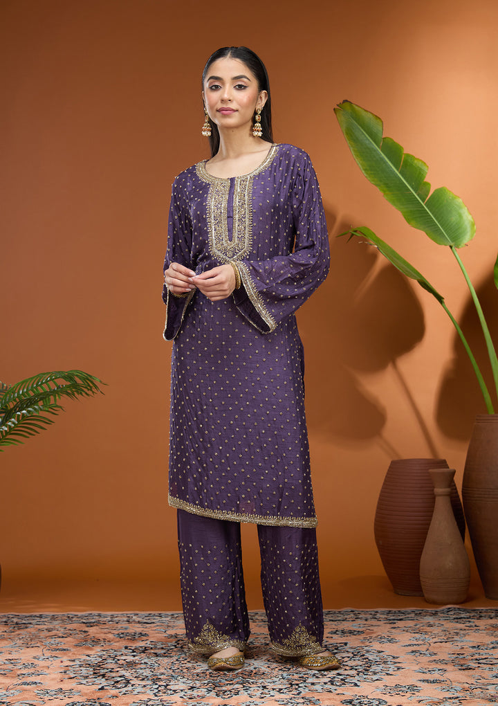 Purple Cutdana Soft Raw Silk Readymade Salwar Suit