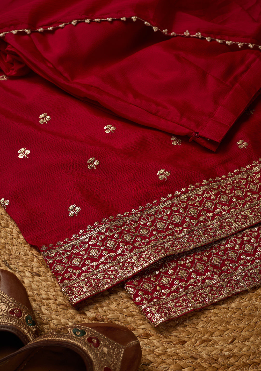Rani Pink Chinon Gold Zariwork Straight Kurta With Sharara And Dupatta