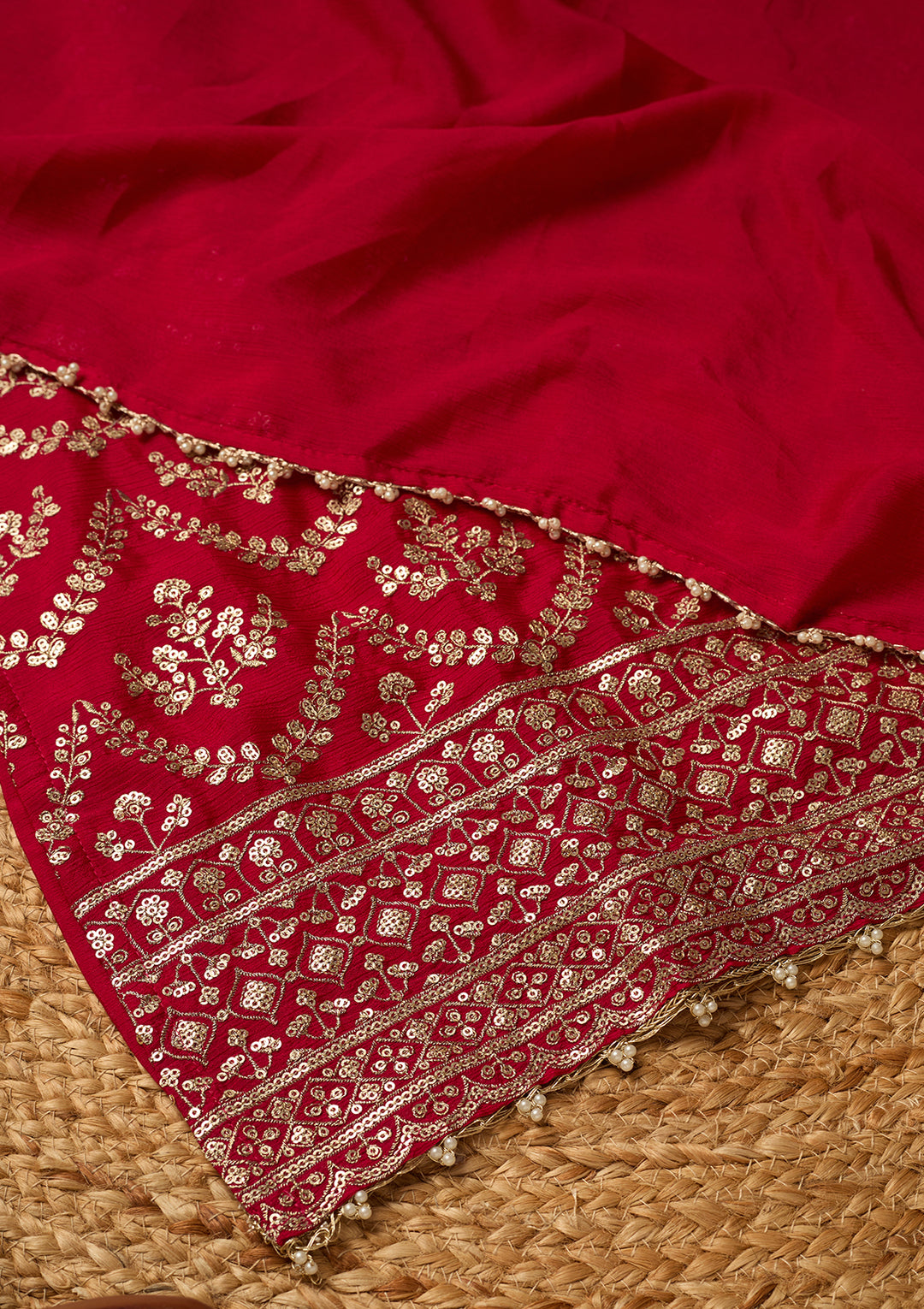 Rani Pink Chinon Gold Zariwork Straight Kurta With Sharara And Dupatta