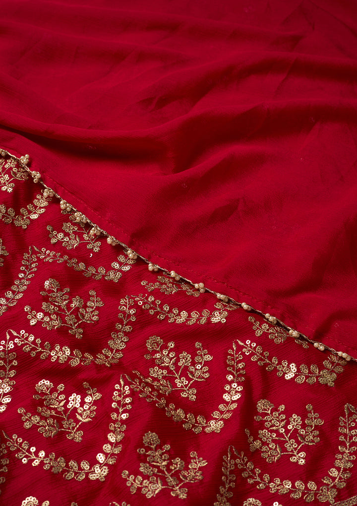 Rani Pink Chinon Gold Zariwork Straight Kurta With Sharara And Dupatta