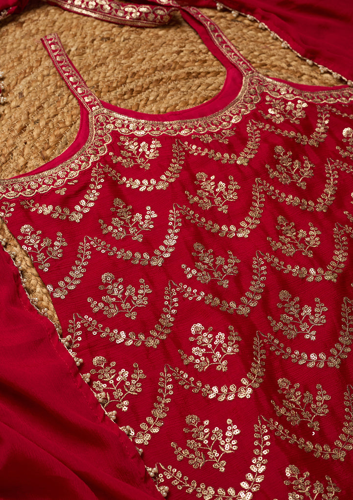 Rani Pink Chinon Gold Zariwork Straight Kurta With Sharara And Dupatta