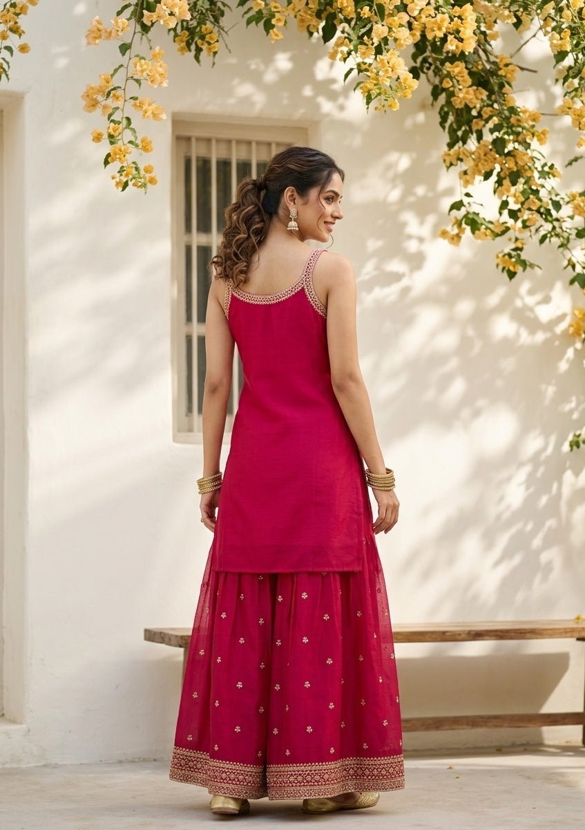 Rani Pink Chinon Gold Zariwork Straight Kurta With Sharara And Dupatta