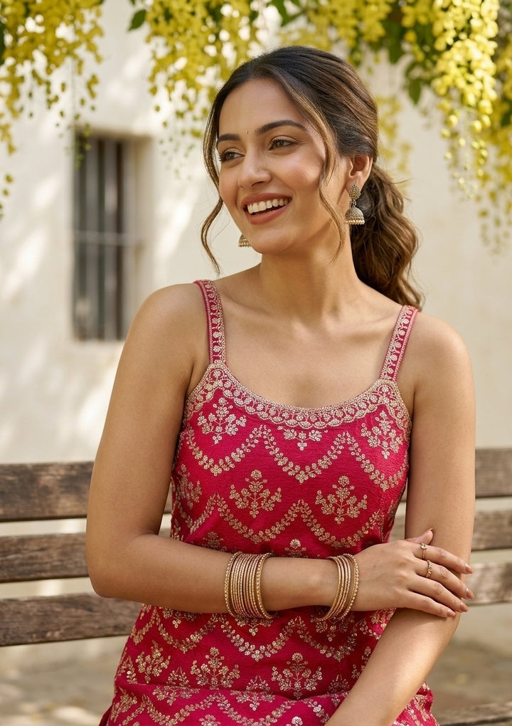 Rani Pink Chinon Gold Zariwork Straight Kurta With Sharara And Dupatta