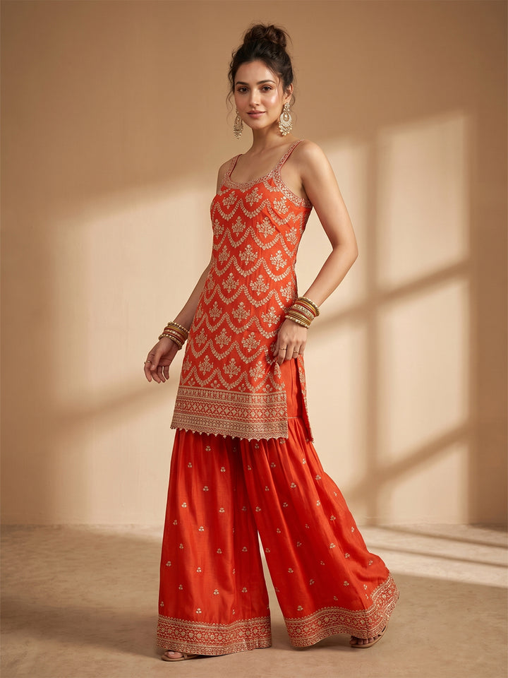 Rust Zariwork (Gold) Chinon Readymade Salwar Suit