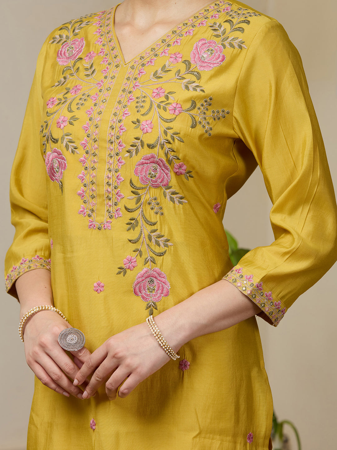 Mustard Yellow Threadwork Soft Raw Silk Readymade Salwar Suit