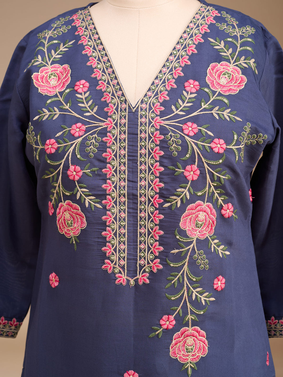 Navy Blue Art Silk Threadwork Straight Kurta With Pant Regular And Dupatta