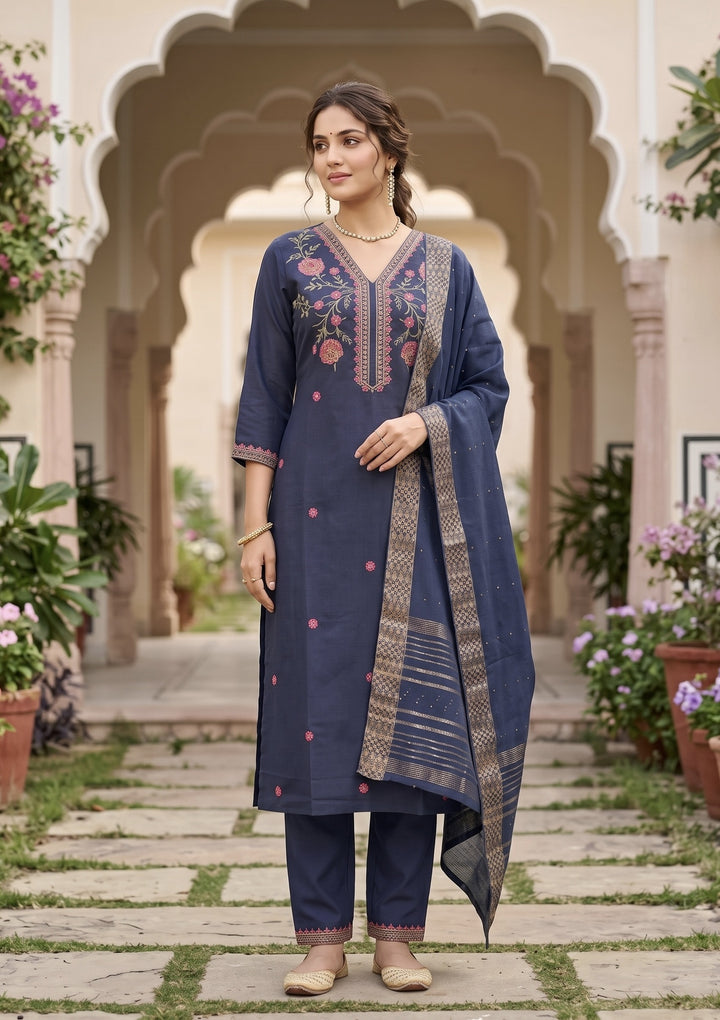 Navy Blue Art Silk Threadwork Straight Kurta With Pant Regular And Dupatta