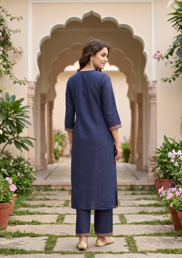 Navy Blue Art Silk Threadwork Straight Kurta With Pant Regular And Dupatta