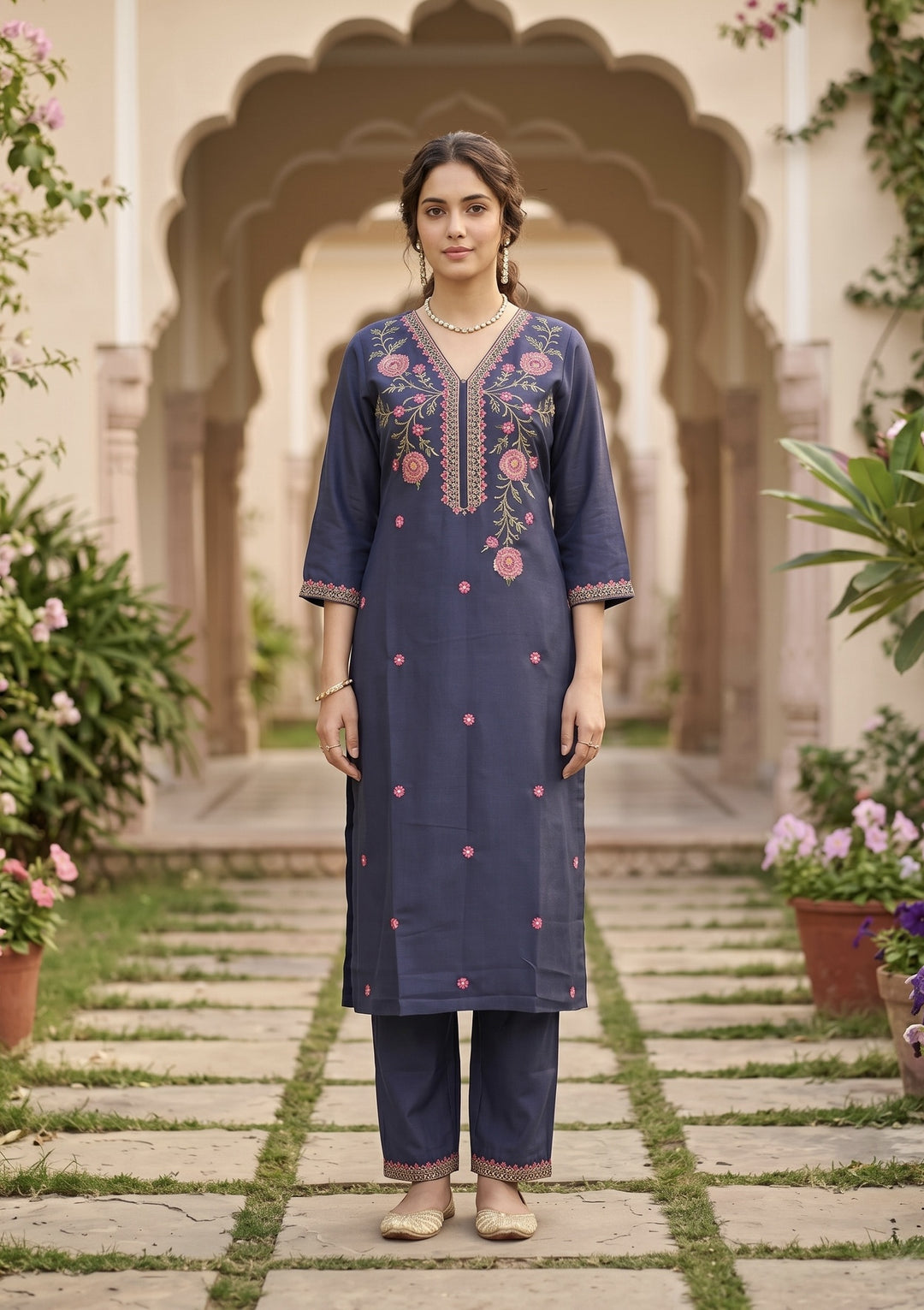 Navy Blue Art Silk Threadwork Straight Kurta With Pant Regular And Dupatta