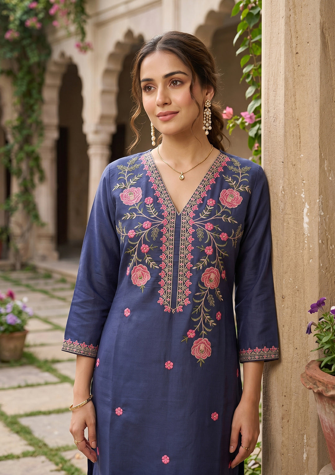 Navy Blue Art Silk Threadwork Straight Kurta With Pant Regular And Dupatta