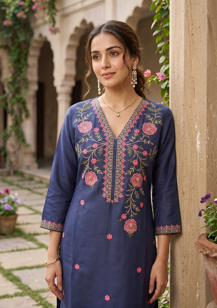 Navy Blue Art Silk Threadwork Straight Kurta With Pant Regular And Dupatta