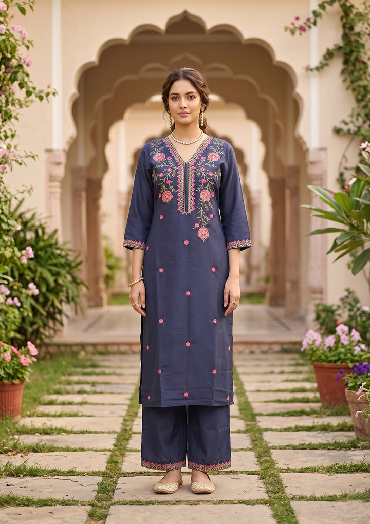 Navy Blue Art Silk Threadwork Straight Kurta With Pant Regular And Dupatta