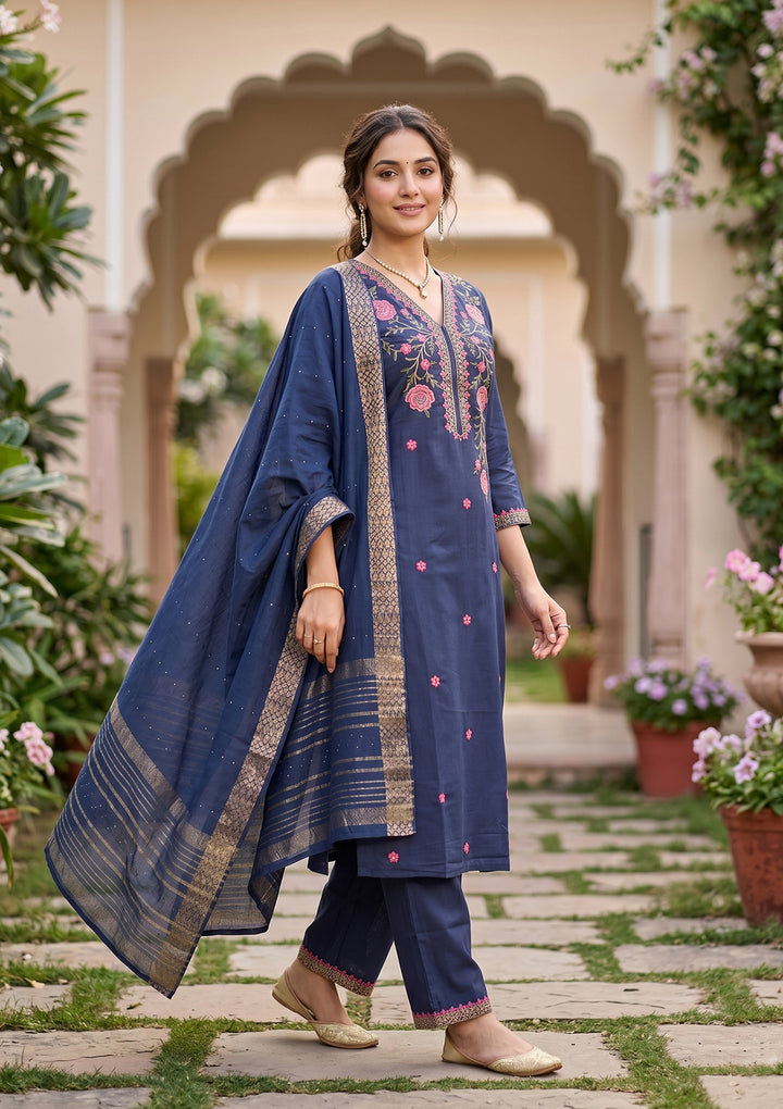 Navy Blue Art Silk Threadwork Straight Kurta With Pant Regular And Dupatta