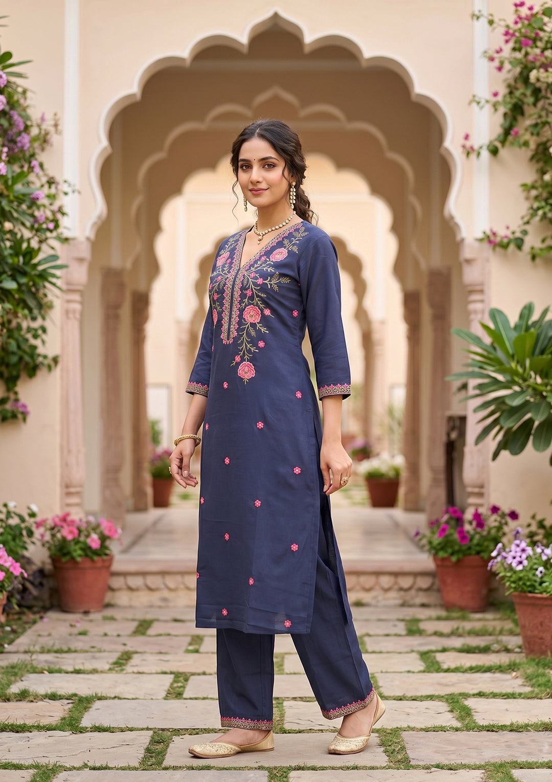 Navy Blue Art Silk Threadwork Straight Kurta With Pant Regular And Dupatta
