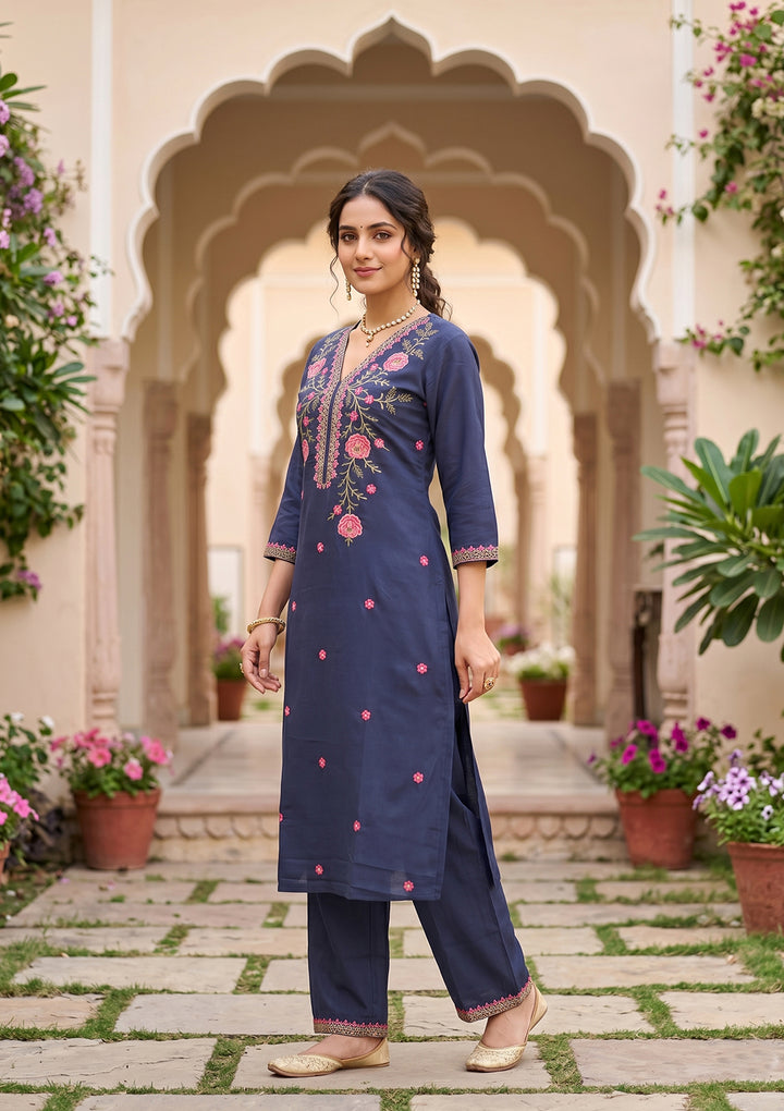 Navy Blue Art Silk Threadwork Straight Kurta With Pant Regular And Dupatta
