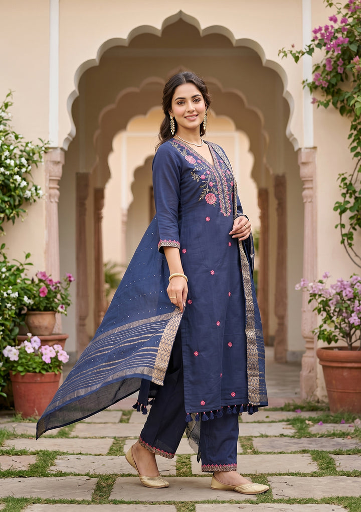Navy Blue Art Silk Threadwork Straight Kurta With Pant Regular And Dupatta