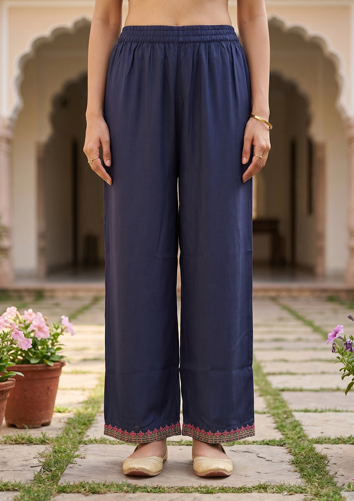 Navy Blue Art Silk Threadwork Straight Kurta With Pant Regular And Dupatta