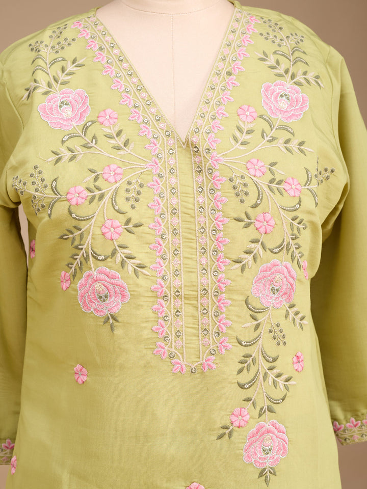 Pista Green Art Silk Threadwork Straight Kurta With Regular Pant And Dupatta