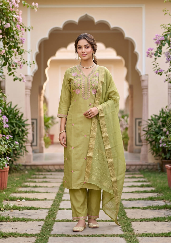 Pista Green Art Silk Threadwork Straight Kurta With Regular Pant And Dupatta