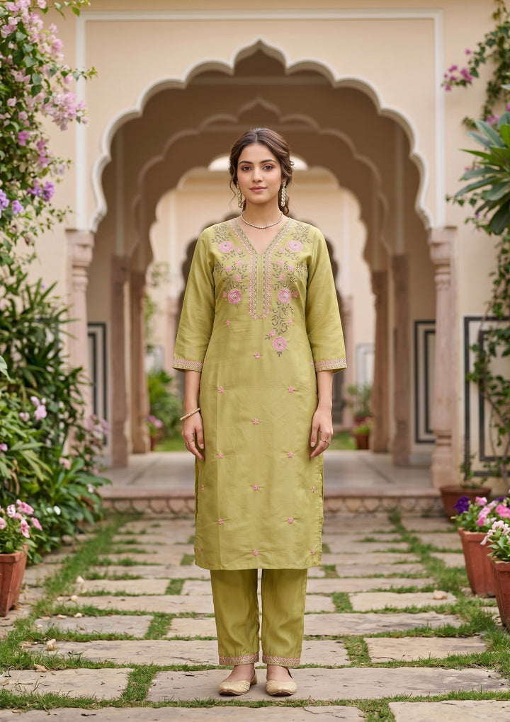 Pista Green Art Silk Threadwork Straight Kurta With Regular Pant And Dupatta