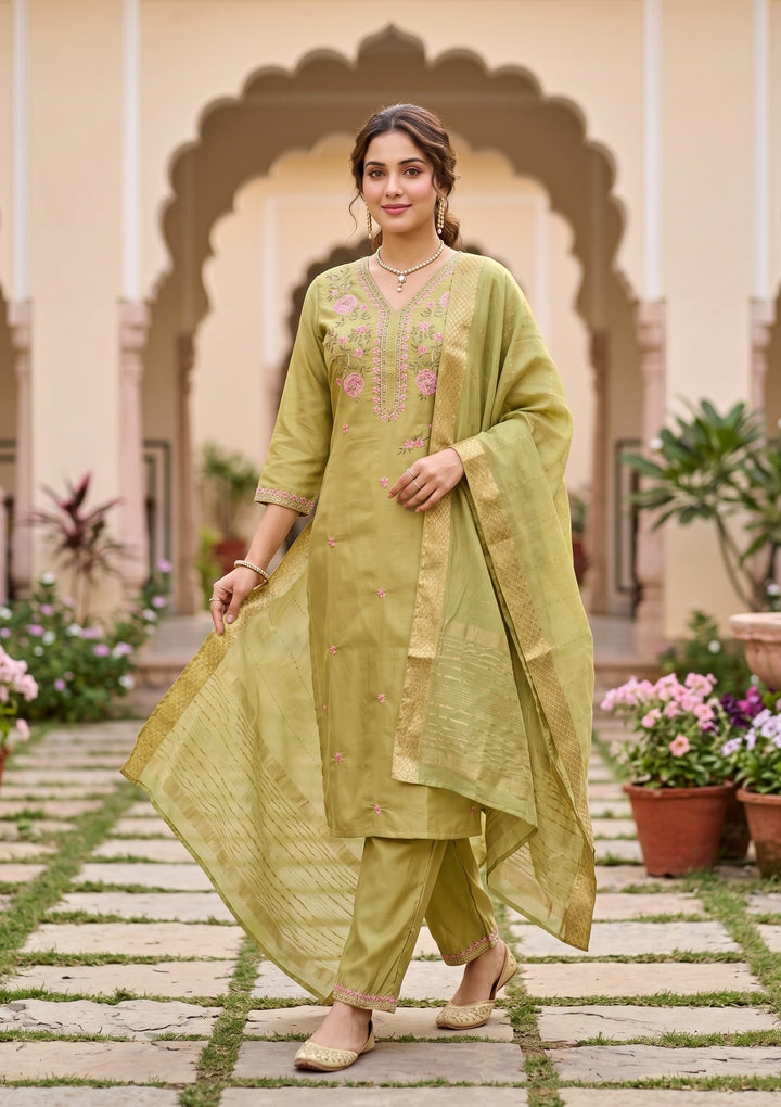 Pista Green Art Silk Threadwork Straight Kurta With Regular Pant And Dupatta