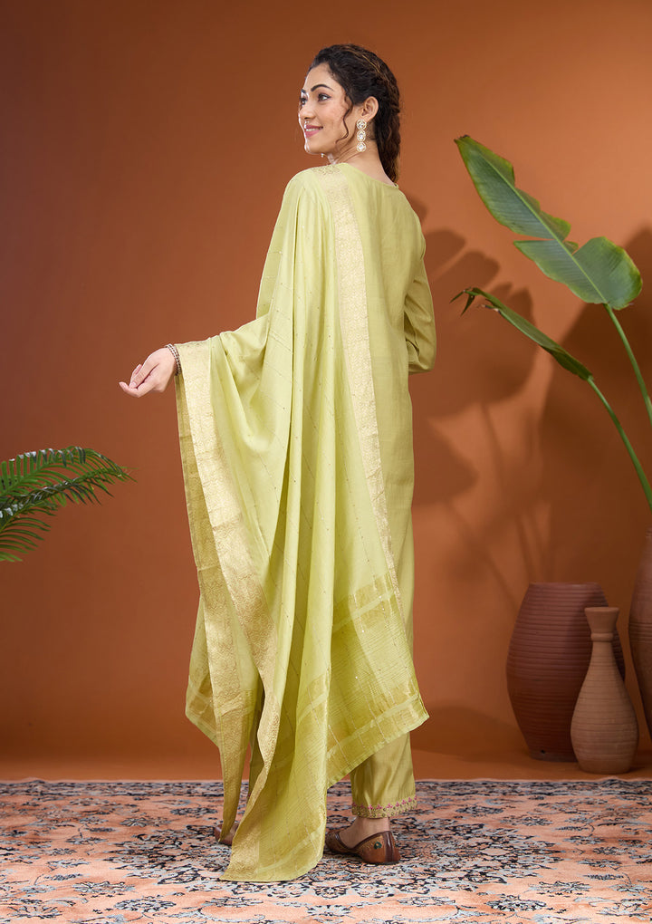 Pista Green Threadwork Soft Raw Silk Readymade Salwar Suit