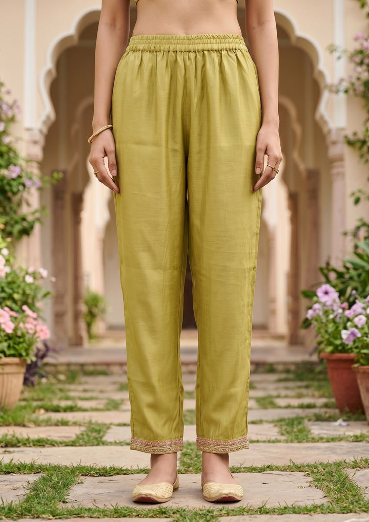 Pista Green Art Silk Threadwork Straight Kurta With Regular Pant And Dupatta
