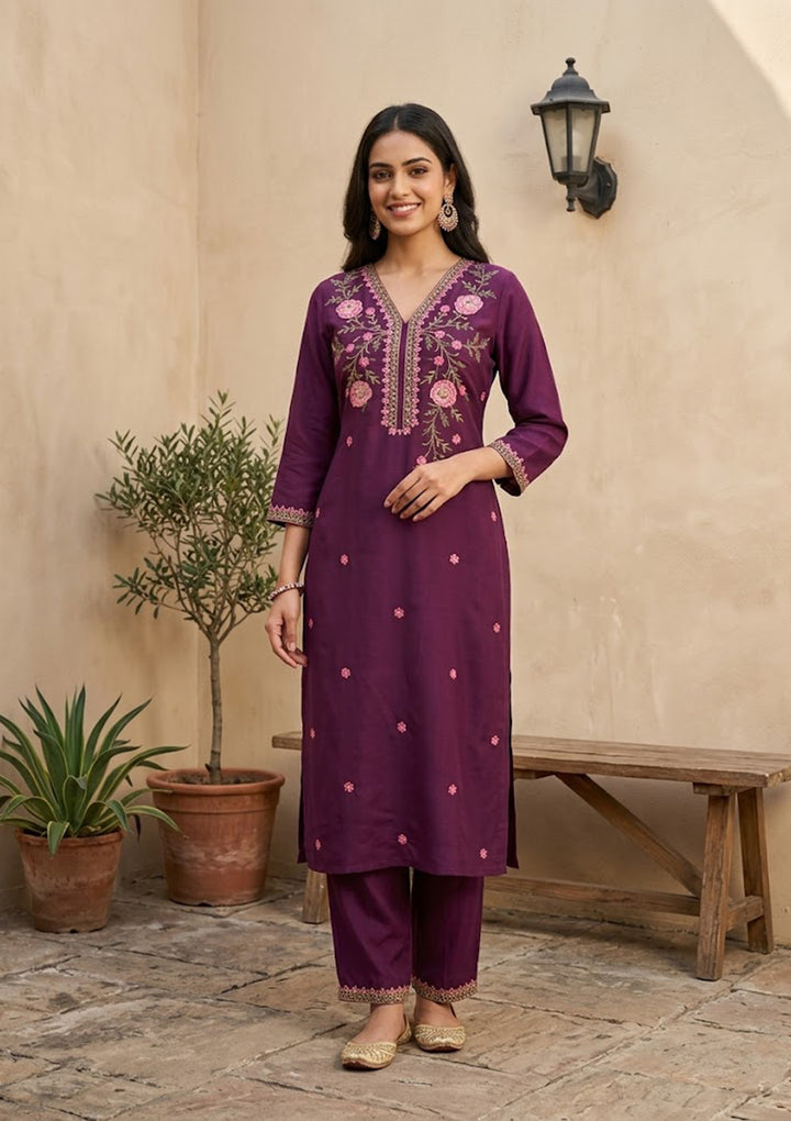 Wine Art Silk Threadwork Straight Kurta With Pant Regular And Dupatta