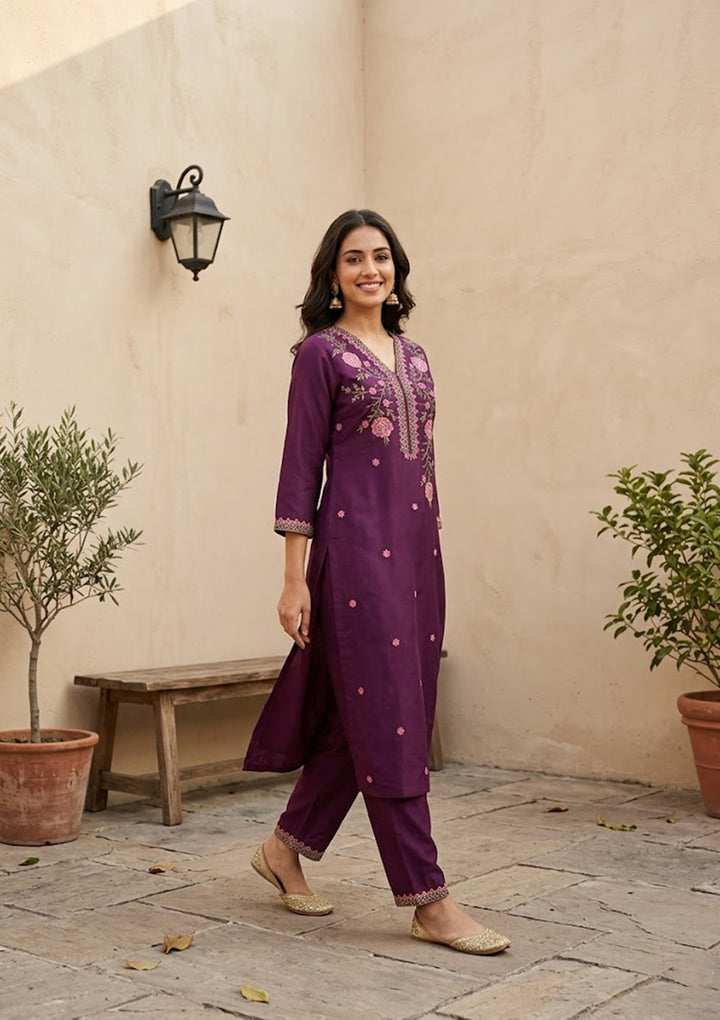 Wine Art Silk Threadwork Straight Kurta With Pant Regular And Dupatta