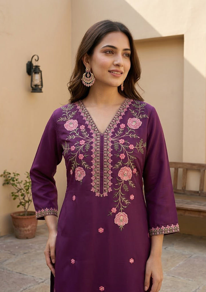 Wine Art Silk Threadwork Straight Kurta With Pant Regular And Dupatta