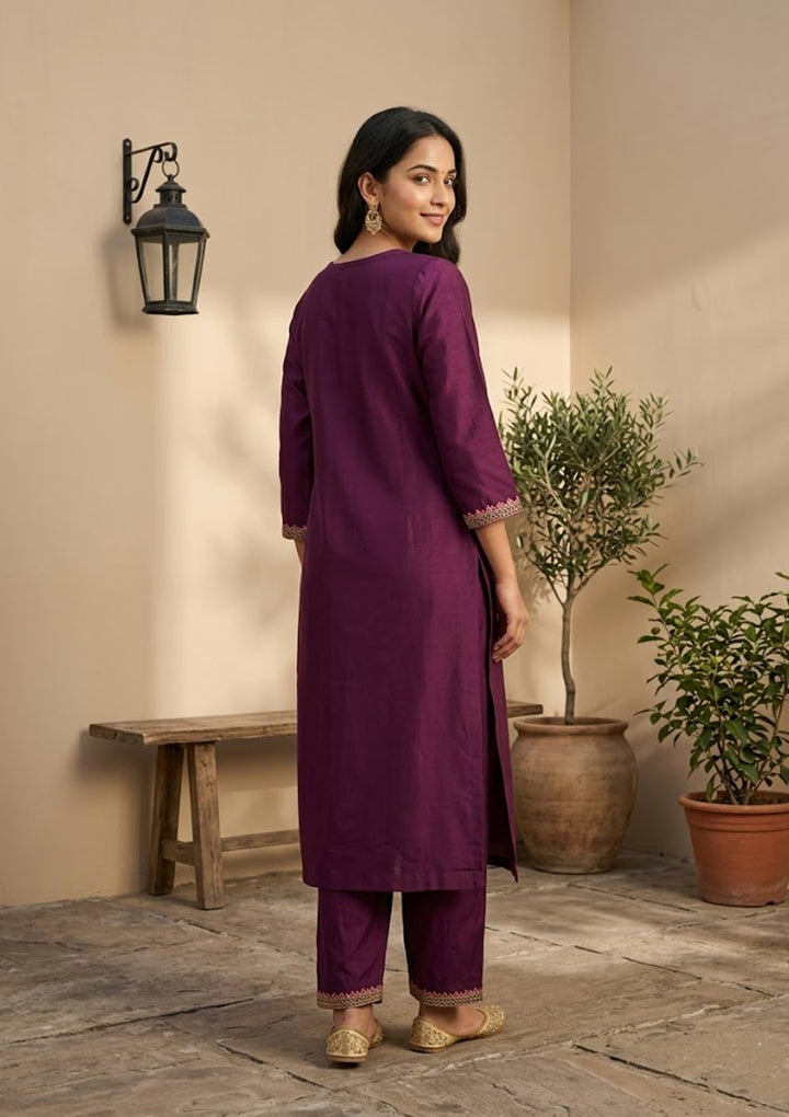 Wine Art Silk Threadwork Straight Kurta With Pant Regular And Dupatta
