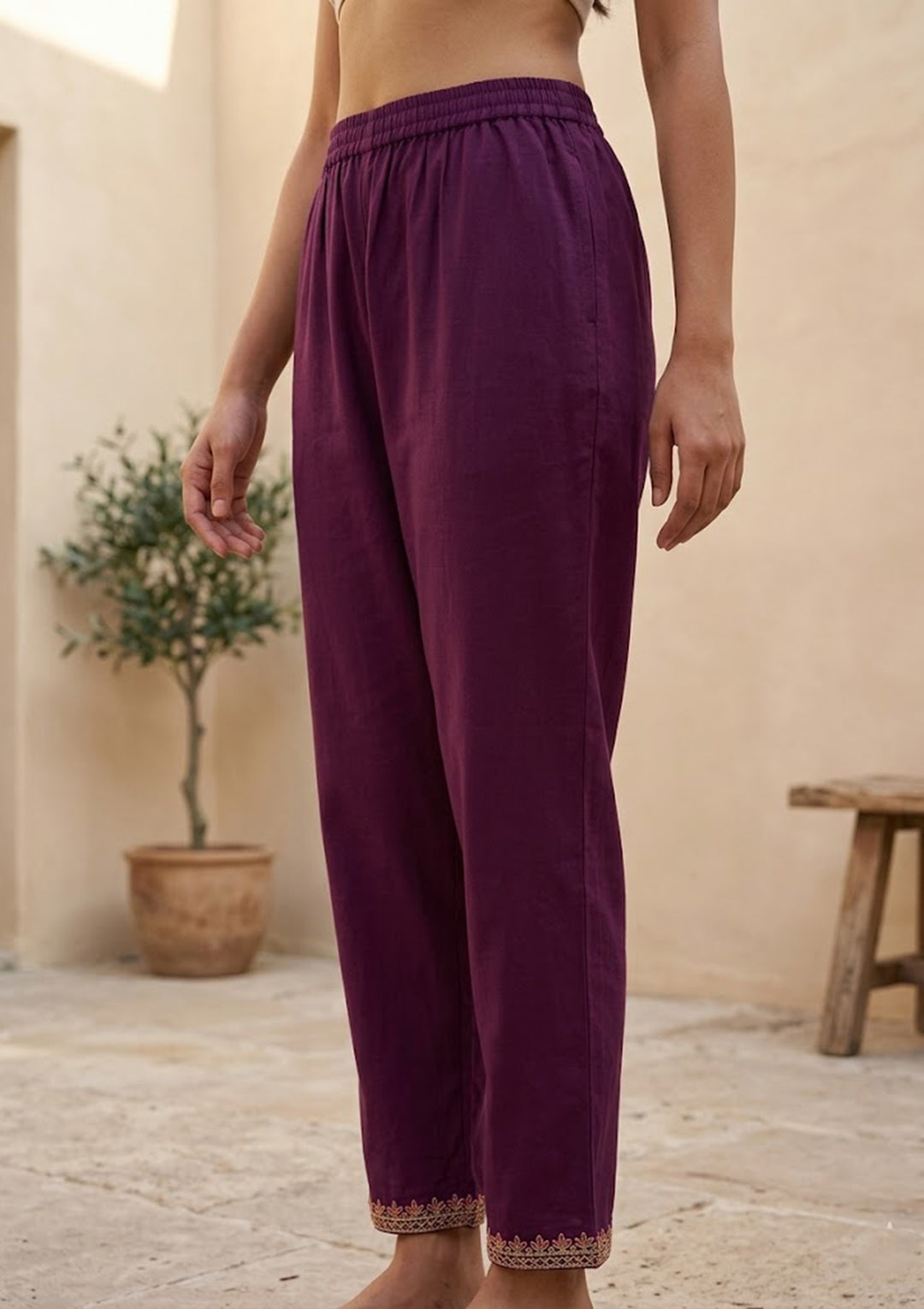 Wine Art Silk Threadwork Straight Kurta With Pant Regular And Dupatta