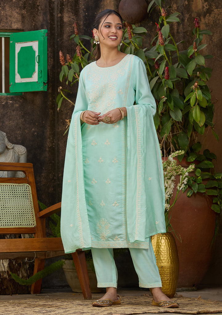 Blue Chanderi Threadwork Straight Kurta With Regular Pant And Dupatta